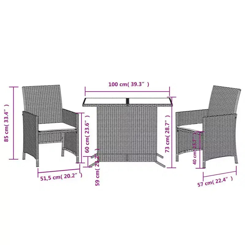 vidaXL Ensemble de bistrot 3 pièces en rotin synthétique avec coussins – Mobilier d'extérieur gris avec table en verre trempé et fauteuils confortables