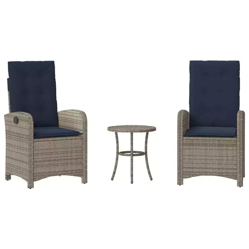 vidaXL Ensemble de bistro 3 pièces en rotin synthétique - Chaises inclinables réglables avec coussins et table ronde, résistant aux intempéries, gris/bleu marine