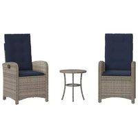 vidaXL Ensemble bistro 3 pièces en résine tressée - Chaises inclinables réglables avec coussins et table ronde, résistant aux intempéries, Gris/Bleu marine