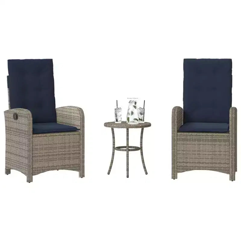 vidaXL Ensemble bistro 3 pièces en résine tressée - Chaises inclinables réglables avec coussins et table ronde, résistant aux intempéries, Gris/Bleu marine
