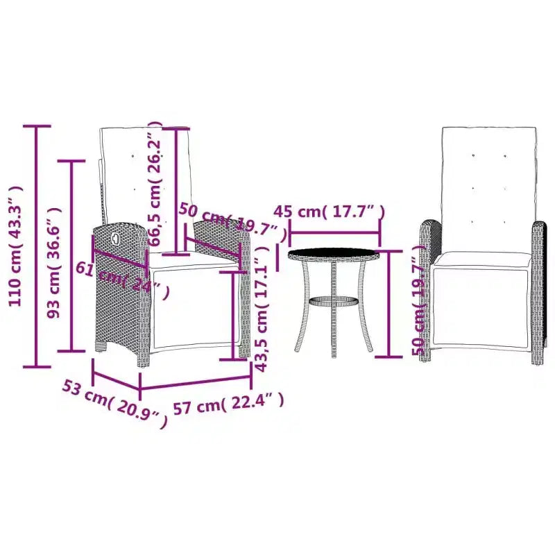 vidaXL Ensemble bistro réglable 3 pièces en résine tressée - Chaises inclinables grises avec coussins bleu marine et table ronde pour patio, jardin, balcon