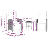 vidaXL Ensemble bistro réglable 3 pièces en résine tressée - Chaises inclinables grises avec coussins bleu marine et table ronde pour patio, jardin, balcon