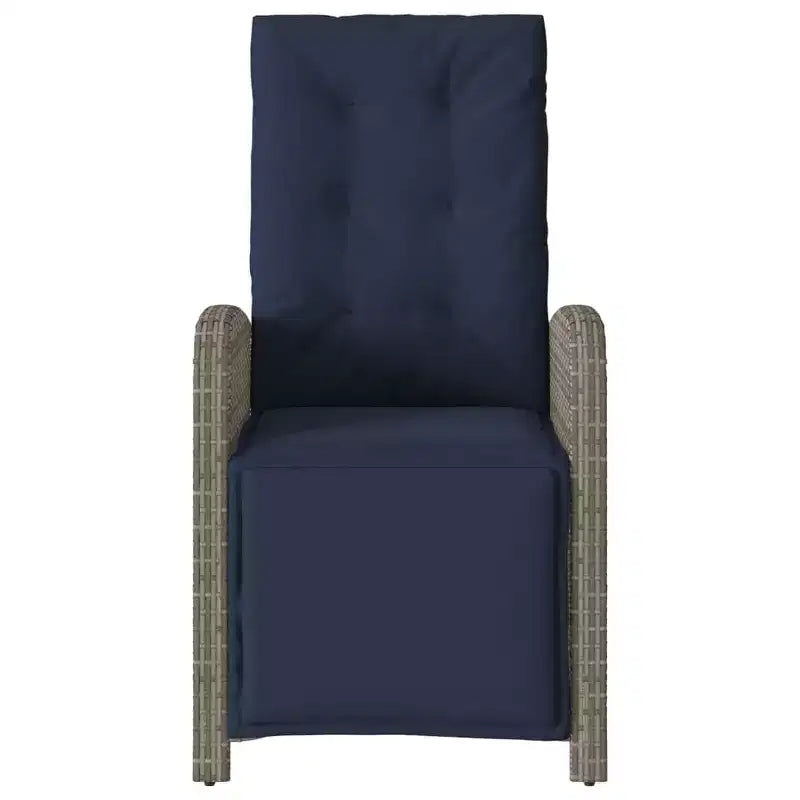 vidaXL Ensemble bistro réglable 3 pièces en résine tressée - Chaises inclinables grises avec coussins bleu marine et table ronde pour patio, jardin, balcon
