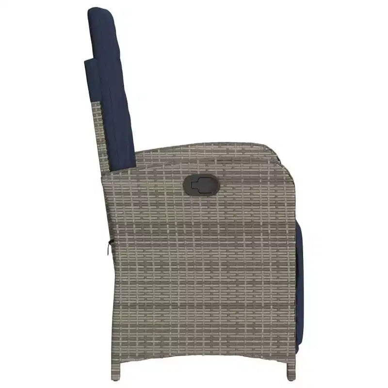 vidaXL Ensemble bistro réglable 3 pièces en résine tressée - Chaises inclinables grises avec coussins bleu marine et table ronde pour patio, jardin, balcon