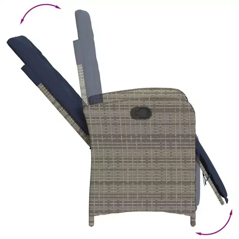 vidaXL Ensemble bistro réglable 3 pièces en résine tressée - Chaises inclinables grises avec coussins bleu marine et table ronde pour patio, jardin, balcon