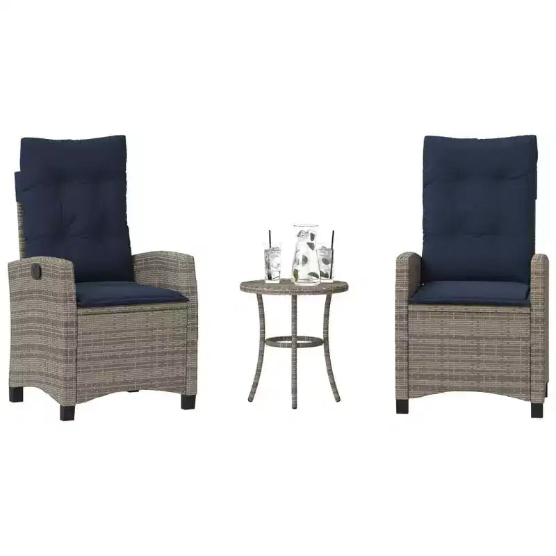 vidaXL Ensemble bistro 3 pièces avec chaises réglables et coussins - Rotin synthétique gris, housse de siège bleu marine, mobilier de patio extérieur résistant aux intempéries
