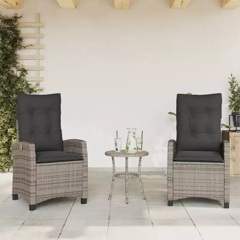 vidaXL Ensemble bistro 3 pièces avec chaises réglables et coussins - Rotin synthétique gris, housse de siège bleu marine, mobilier de patio extérieur résistant aux intempéries