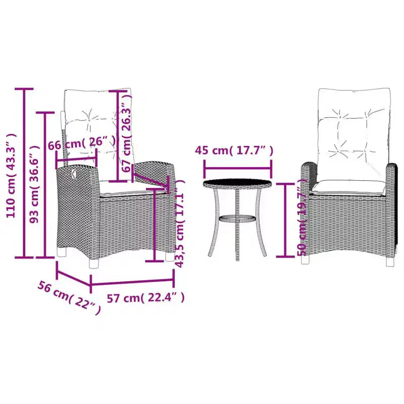 vidaXL Ensemble bistro 3 pièces avec chaises réglables et coussins - Rotin synthétique gris, housse de siège bleu marine, mobilier de patio extérieur résistant aux intempéries