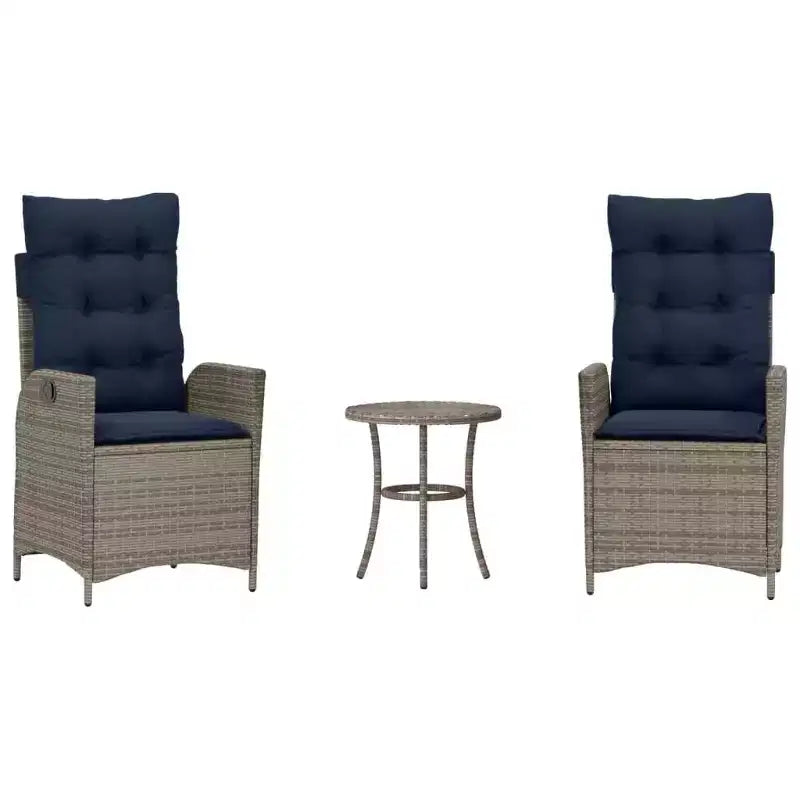 vidaXL Ensemble de bistrot 3 pièces avec chaises inclinables - Rotin synthétique gris, Coussins bleu marine, Dossier réglable pour l'extérieur, le jardin, le patio