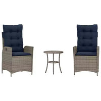 vidaXL Ensemble de bistrot 3 pièces avec chaises inclinables - Rotin synthétique gris, Coussins bleu marine, Dossier réglable pour l'extérieur, le jardin, le patio