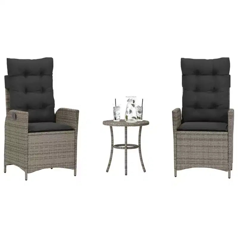vidaXL Ensemble de bistrot 3 pièces avec chaises inclinables - Rotin synthétique gris, Coussins bleu marine, Dossier réglable pour l'extérieur, le jardin, le patio