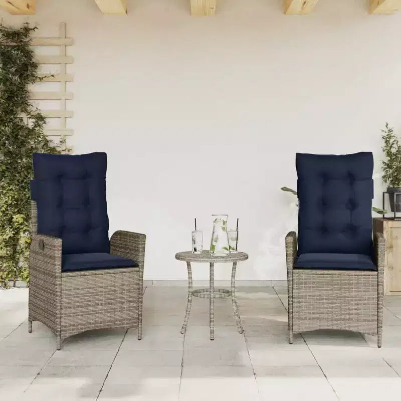 vidaXL Ensemble de bistrot 3 pièces avec chaises inclinables - Rotin synthétique gris, Coussins bleu marine, Dossier réglable pour l'extérieur, le jardin, le patio