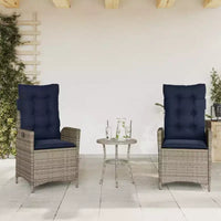 vidaXL Ensemble de bistrot 3 pièces avec chaises inclinables - Rotin synthétique gris, Coussins bleu marine, Dossier réglable pour l'extérieur, le jardin, le patio