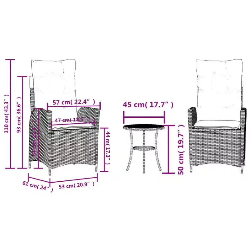 vidaXL Ensemble de bistrot 3 pièces avec chaises inclinables - Rotin synthétique gris, Coussins bleu marine, Dossier réglable pour l'extérieur, le jardin, le patio