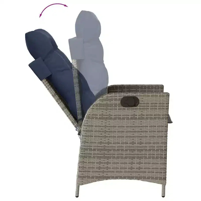 vidaXL Ensemble de bistrot 3 pièces avec chaises inclinables - Rotin synthétique gris, Coussins bleu marine, Dossier réglable pour l'extérieur, le jardin, le patio