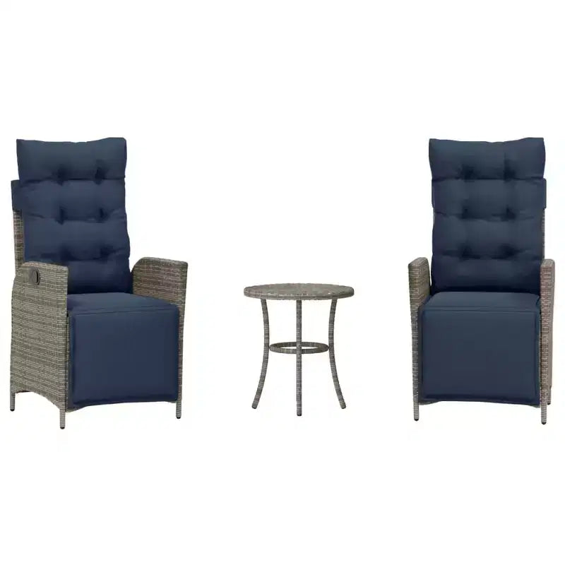 vidaXL Salon de bistro 3 pièces en résine tressée avec chaises inclinables - Meubles de salon gris avec coussins bleu marine pour jardin, terrasse, balcon