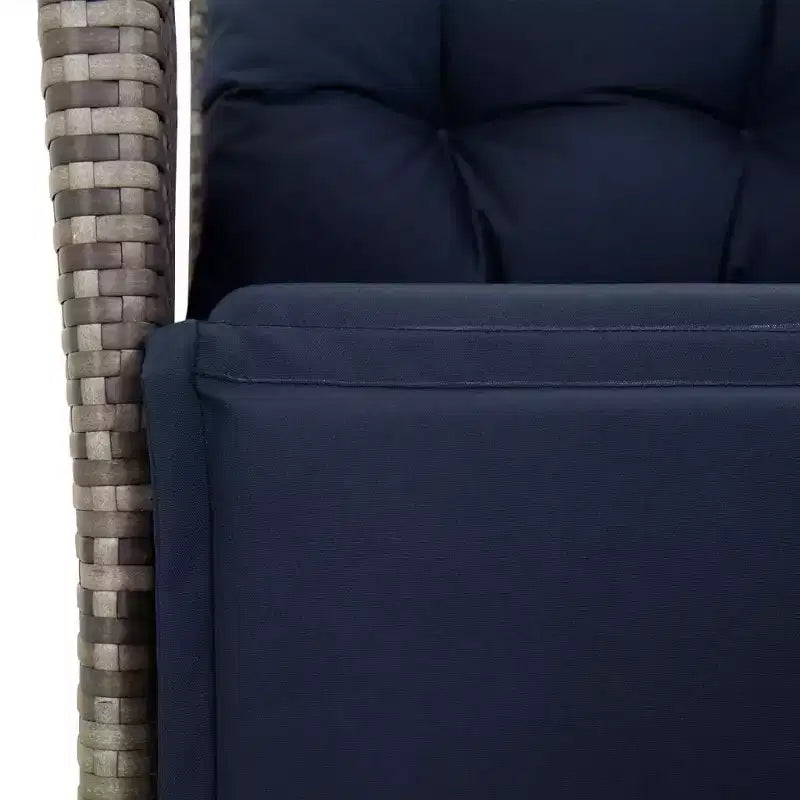 vidaXL Salon de bistro 3 pièces en résine tressée avec chaises inclinables - Meubles de salon gris avec coussins bleu marine pour jardin, terrasse, balcon