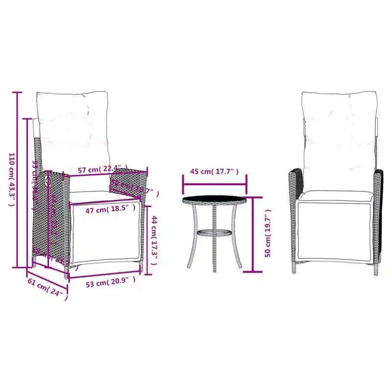 vidaXL Salon de bistro 3 pièces en résine tressée avec chaises inclinables - Meubles de salon gris avec coussins bleu marine pour jardin, terrasse, balcon