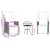 vidaXL Salon de bistro 3 pièces en résine tressée avec chaises inclinables - Meubles de salon gris avec coussins bleu marine pour jardin, terrasse, balcon