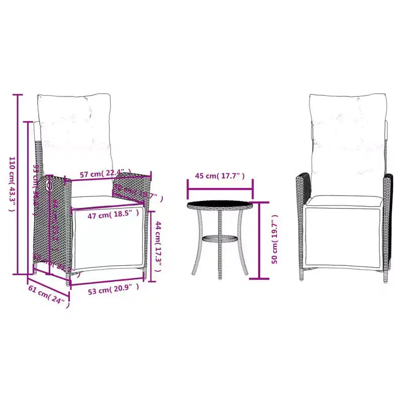 vidaXL Salon de bistro 3 pièces en résine tressée avec chaises inclinables - Meubles de salon gris avec coussins bleu marine pour jardin, terrasse, balcon
