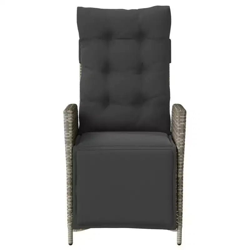 vidaXL Salon de bistro 3 pièces en résine tressée avec chaises inclinables - Meubles de salon gris avec coussins bleu marine pour jardin, terrasse, balcon