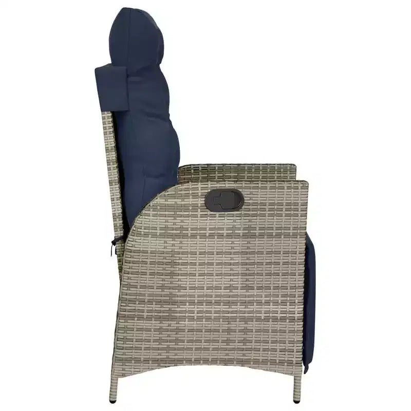 vidaXL Salon de bistro 3 pièces en résine tressée avec chaises inclinables - Meubles de salon gris avec coussins bleu marine pour jardin, terrasse, balcon