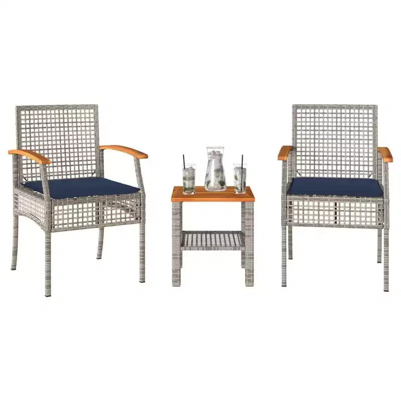 vidaXL Ensemble de bistro 3 pcs avec coussins, Rotin PE gris, Bois d'acacia