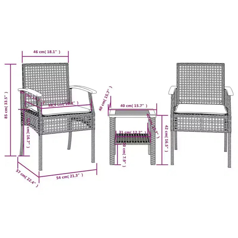 vidaXL Ensemble de bistro 3 pcs avec coussins, Rotin PE gris, Bois d'acacia