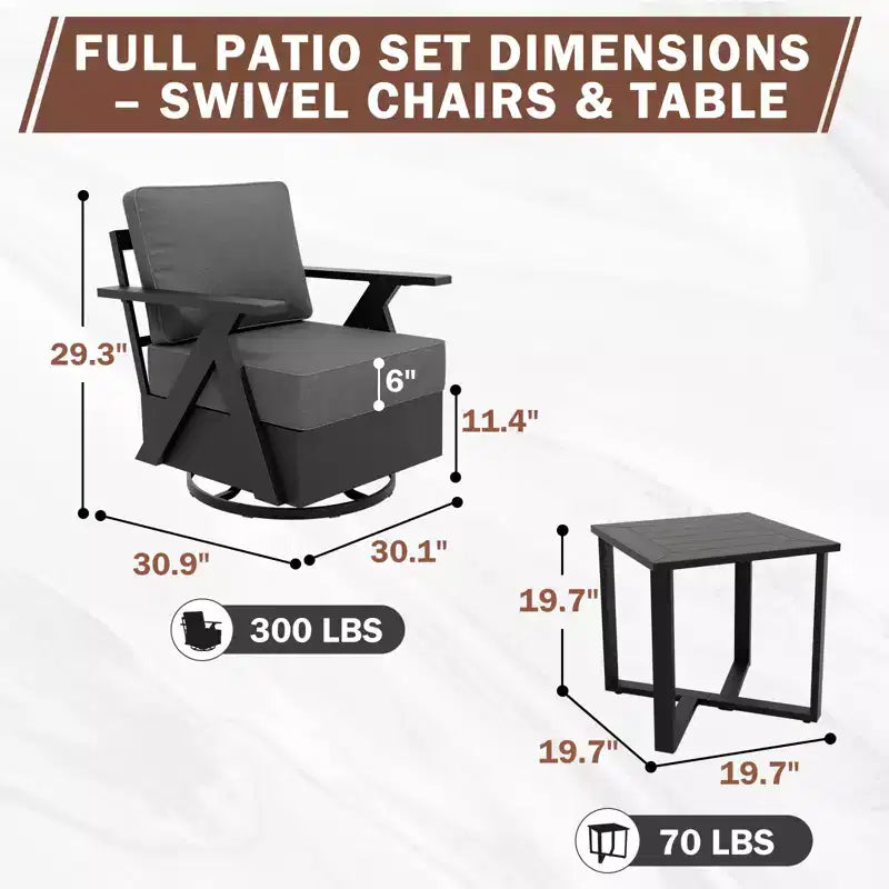 EAGLE PEAK Ensemble de Bistrot d'Extérieur 3 Pièces Urban Slate avec Chaises Basculantes Modernes Pivotantes et Table