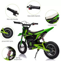 Moto électrique tout-terrain 24 V pour enfants, moteur 250 W, vitesse rapide 21,9 km/h, siège en cuir, poignée tournante, suspension métallique