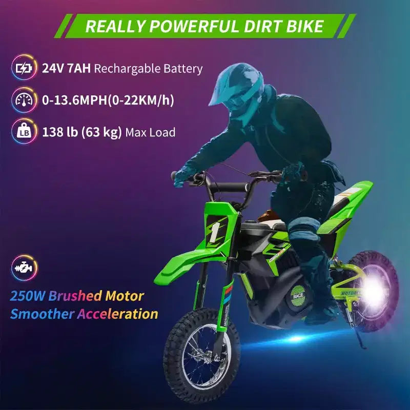 Moto électrique tout-terrain 24 V pour enfants, moteur 250 W, vitesse rapide 21,9 km/h, siège en cuir, poignée tournante, suspension métallique