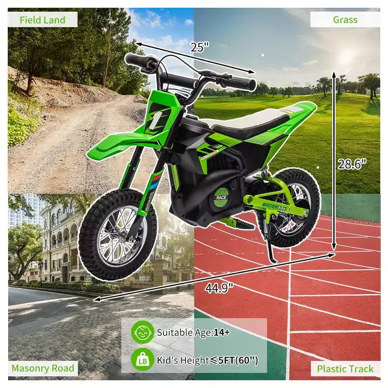 Moto électrique tout-terrain 24 V pour enfants, moteur 250 W, vitesse rapide 21,9 km/h, siège en cuir, poignée tournante, suspension métallique