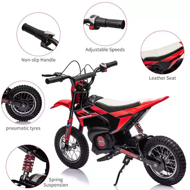 Moto électrique tout-terrain 24 V pour enfants, moteur 250 W, vitesse rapide 21,9 km/h, siège en cuir, poignée tournante, suspension métallique