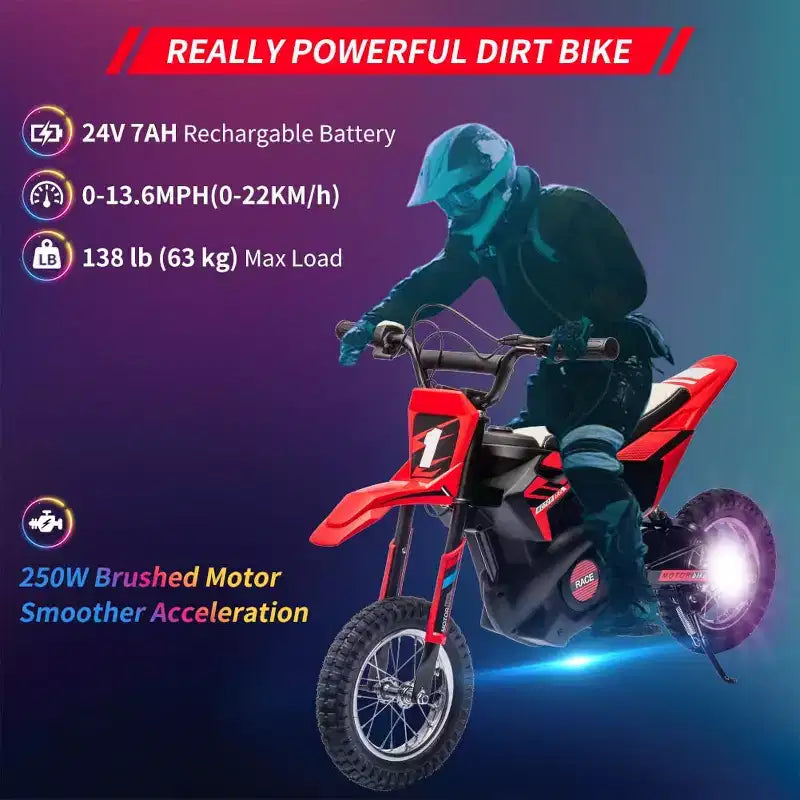 Moto électrique tout-terrain 24 V pour enfants, moteur 250 W, vitesse rapide 21,9 km/h, siège en cuir, poignée tournante, suspension métallique