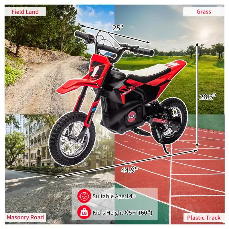 Moto électrique tout-terrain 24 V pour enfants, moteur 250 W, vitesse rapide 21,9 km/h, siège en cuir, poignée tournante, suspension métallique