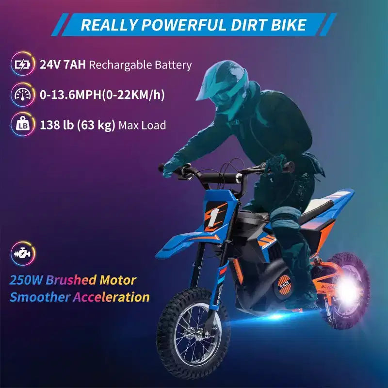 Moto électrique tout-terrain 24 V pour enfants, moteur 250 W, vitesse rapide 21,9 km/h, siège en cuir, poignée tournante, suspension métallique