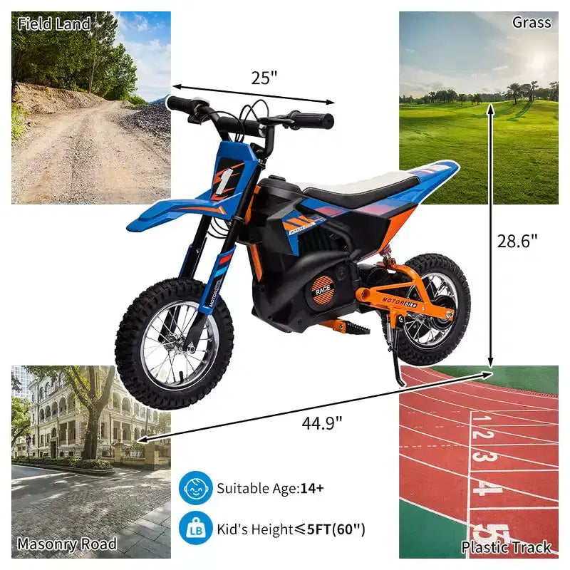 Moto électrique tout-terrain 24 V pour enfants, moteur 250 W, vitesse rapide 21,9 km/h, siège en cuir, poignée tournante, suspension métallique