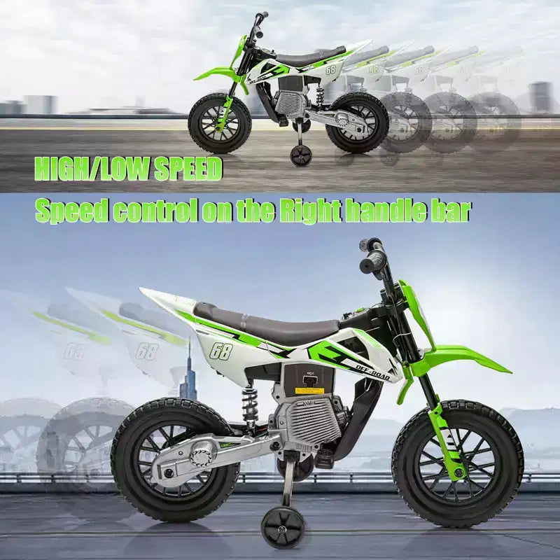 Moto pour enfants 12V, moto électrique pour enfants avec roues stabilisatrices, musique Bluetooth, suspension à ressort, accélérateur à poignée tournante, vitesse maximale de 5 km/h