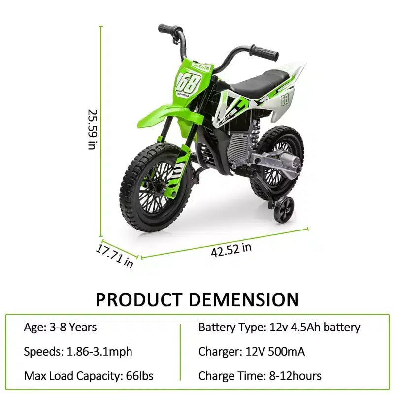 Moto pour enfants 12V, moto électrique pour enfants avec roues stabilisatrices, musique Bluetooth, suspension à ressort, accélérateur à poignée tournante, vitesse maximale de 5 km/h