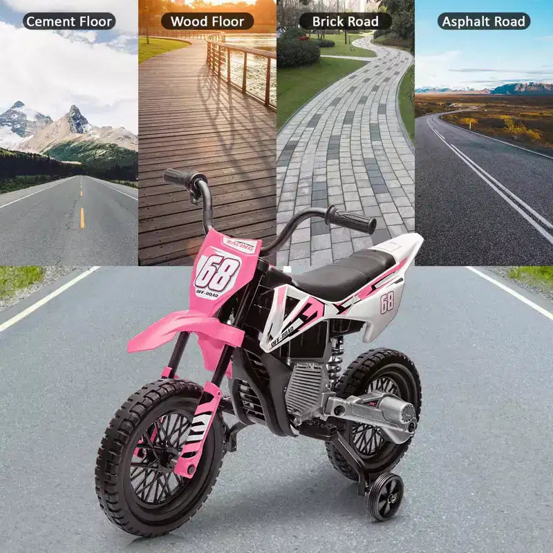 Moto pour enfants 12V, moto électrique pour enfants avec roues stabilisatrices, musique Bluetooth, suspension à ressort, accélérateur à poignée tournante, vitesse maximale de 5 km/h