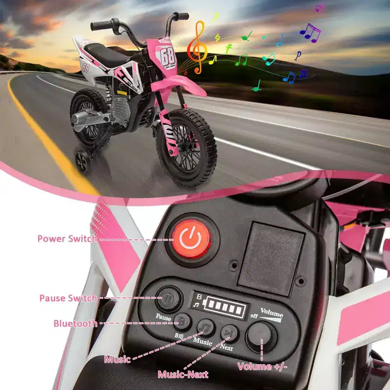 Moto pour enfants 12V, moto électrique pour enfants avec roues stabilisatrices, musique Bluetooth, suspension à ressort, accélérateur à poignée tournante, vitesse maximale de 5 km/h