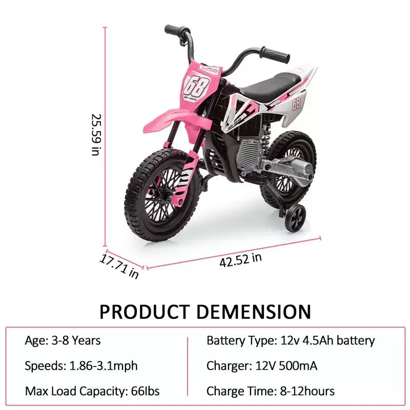 Moto pour enfants 12V, moto électrique pour enfants avec roues stabilisatrices, musique Bluetooth, suspension à ressort, accélérateur à poignée tournante, vitesse maximale de 5 km/h