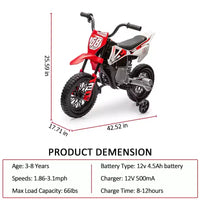 Moto pour enfants 12V, moto électrique pour enfants avec roues stabilisatrices, musique Bluetooth, suspension à ressort, accélérateur à poignée tournante, vitesse maximale de 5 km/h