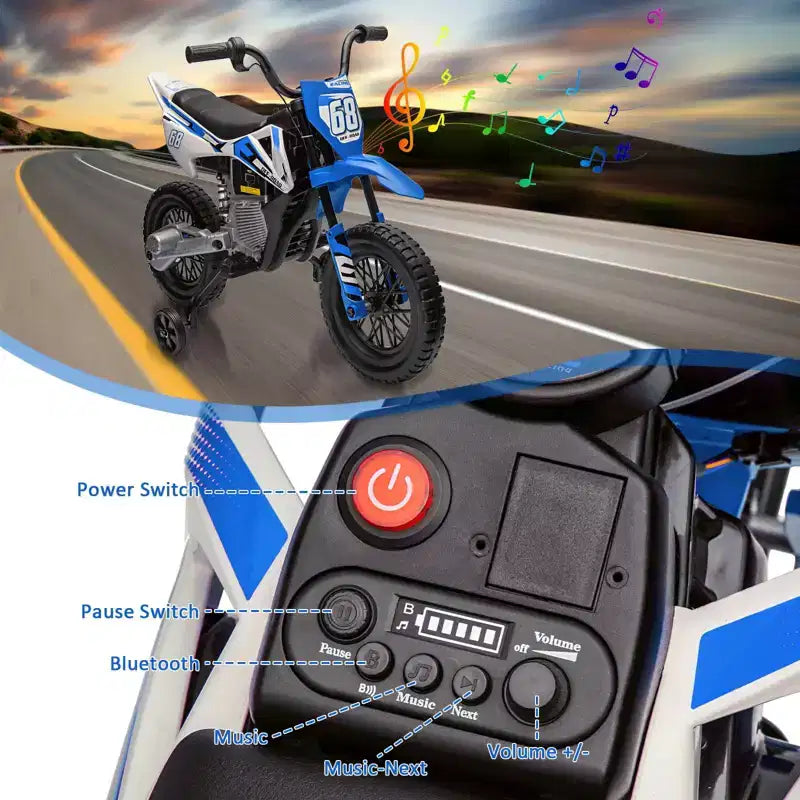 Moto pour enfants 12V, moto électrique pour enfants avec roues stabilisatrices, musique Bluetooth, suspension à ressort, accélérateur à poignée tournante, vitesse maximale de 5 km/h
