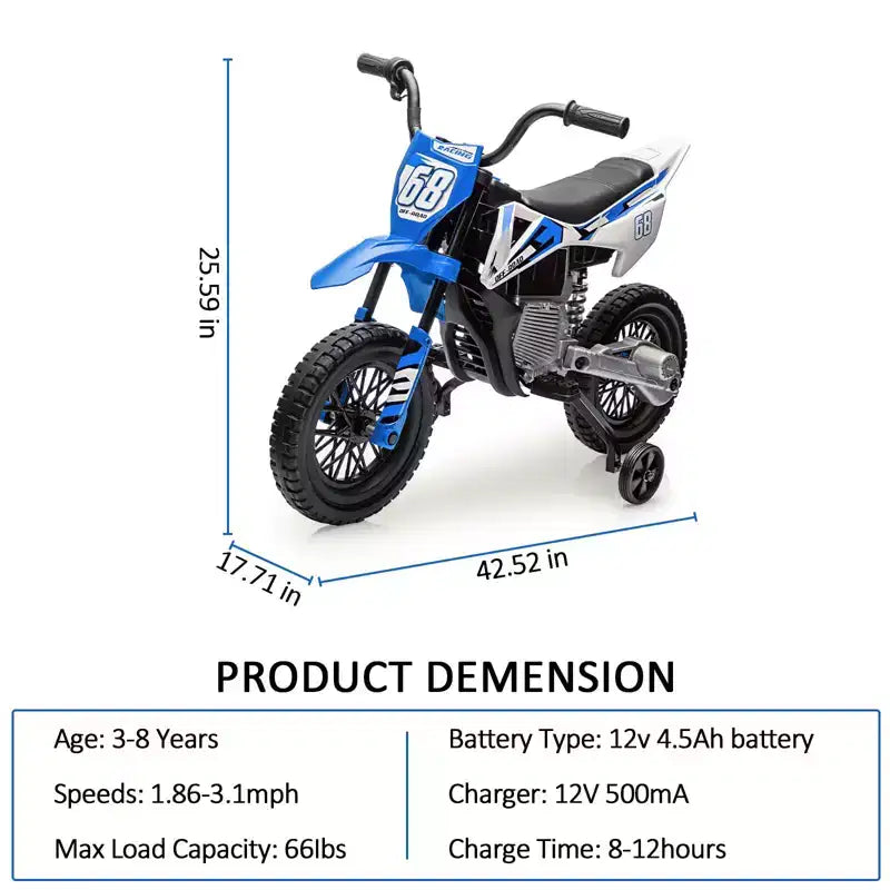 Moto pour enfants 12V, moto électrique pour enfants avec roues stabilisatrices, musique Bluetooth, suspension à ressort, accélérateur à poignée tournante, vitesse maximale de 5 km/h