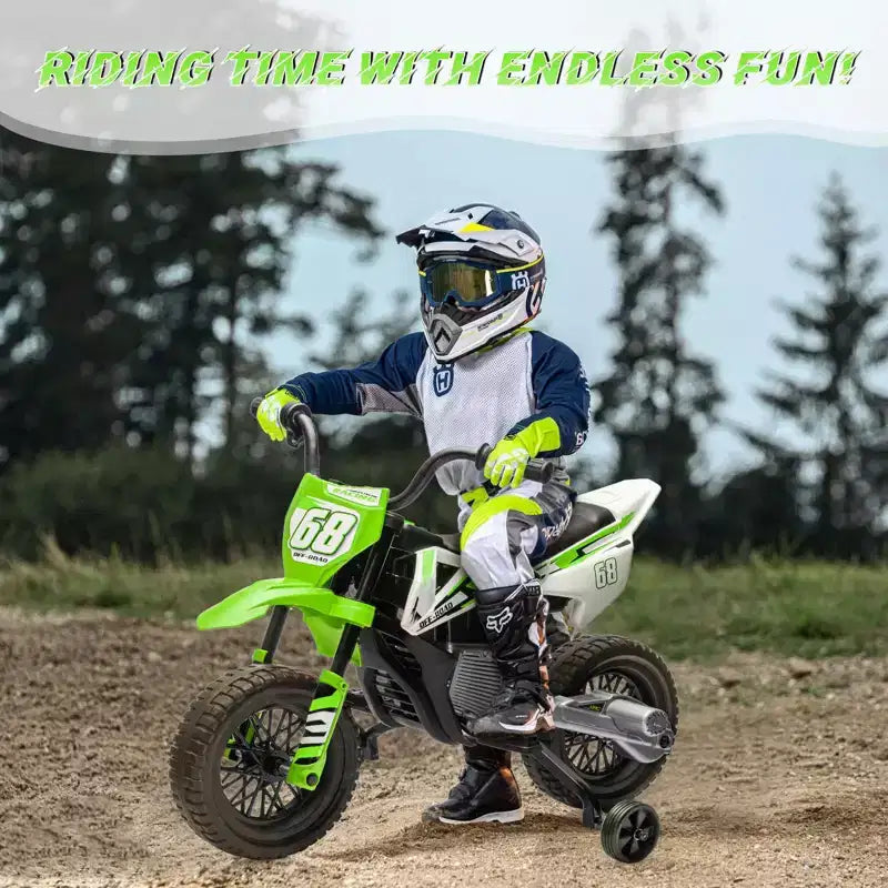 Moto pour enfants 12V, moto électrique pour enfants avec roues stabilisatrices, musique Bluetooth, suspension à ressort, accélérateur à poignée tournante, vitesse maximale de 5 km/h