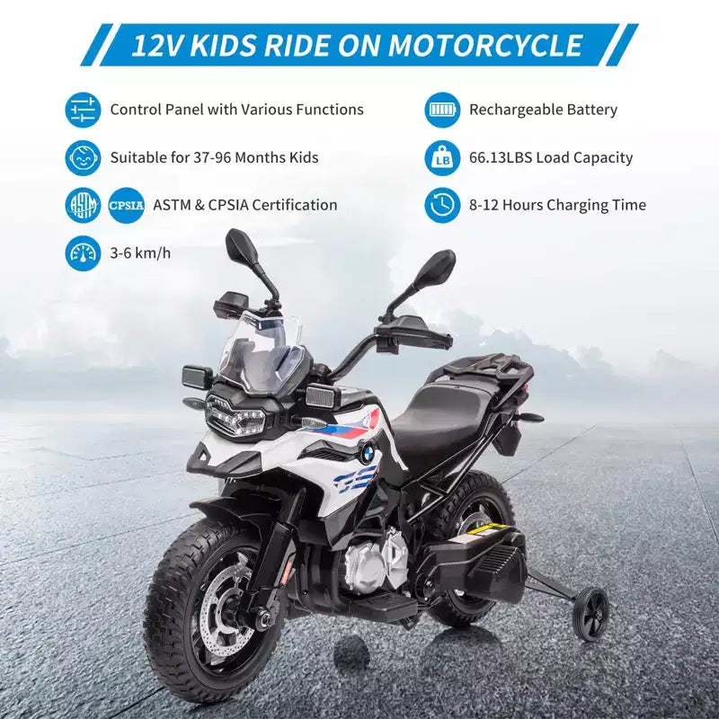 Moto pour enfants, moto électrique BMW 12V 7Ah sous licence, voiture pour enfants avec différentes vitesses, vitesse haute/basse, phares à LED, suspension à ressort, musique