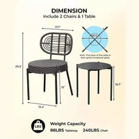 Ensemble de bistrot Acekool 3 pièces en osier – 2 chaises et une table en verre pour patio, balcon et petits espaces