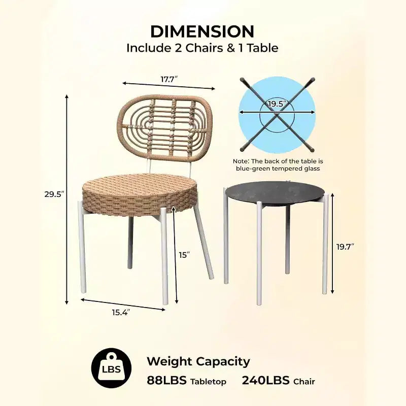 Ensemble de bistrot Acekool 3 pièces en osier – 2 chaises et une table en verre pour patio, balcon et petits espaces