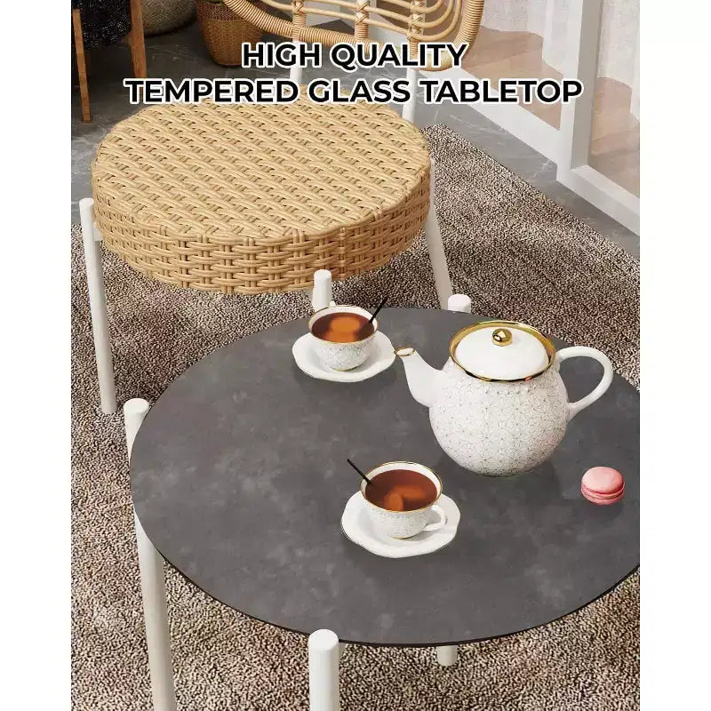 Ensemble de bistrot Acekool 3 pièces en osier – 2 chaises et une table en verre pour patio, balcon et petits espaces
